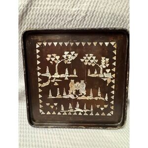 Antique Chinese Inlaid Mother of Pearl Wood Tray Tree People Figure 9.25 x 9.25